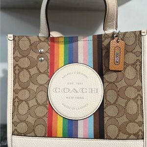 Coach Signature Rainbow Stripe Tote Bag | Monogram Canvas | Cream Leather Trim